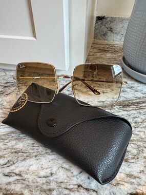 Ray-Ban Gold Frame Brown Gradient Square Sunglasses with Black Case